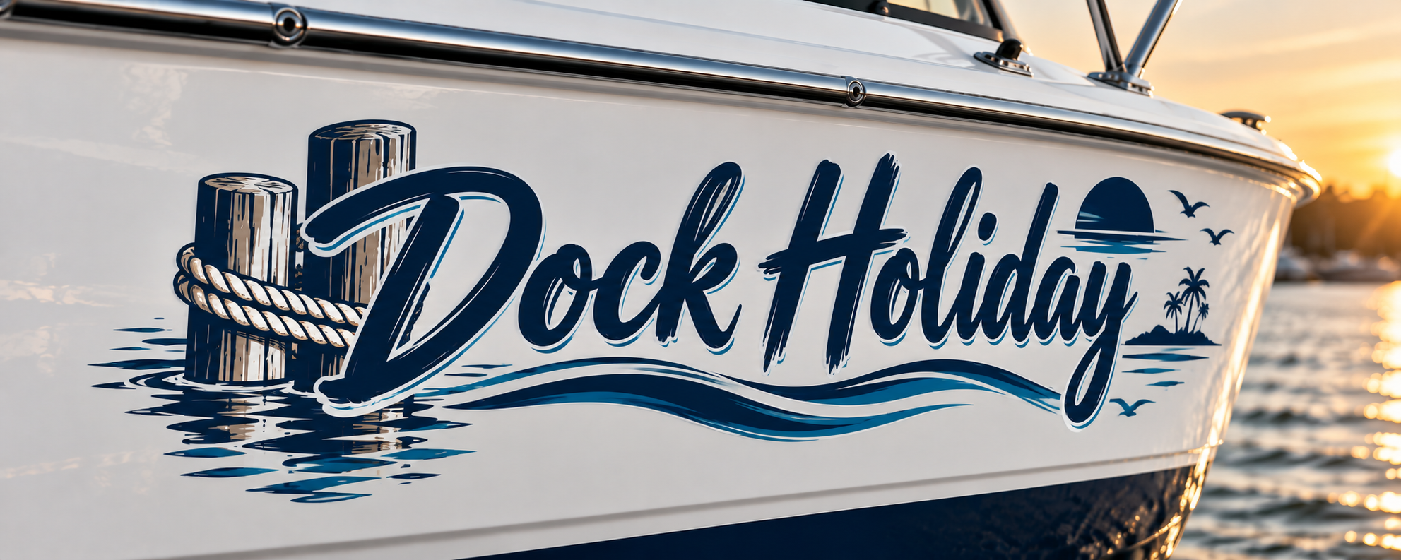 Dock Holiday printed boat name sticker mockup
