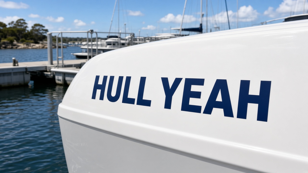 Hull Yeah vinyl-cut boat name sticker