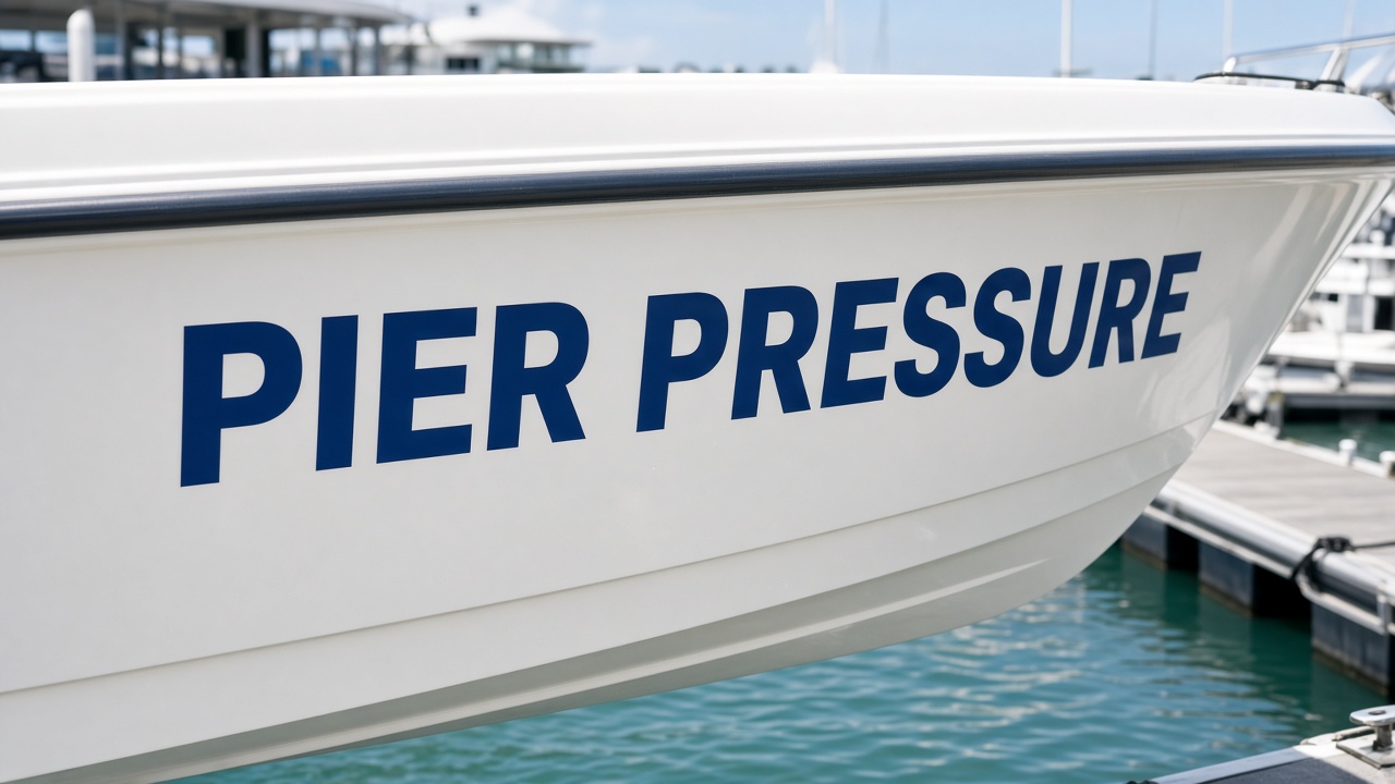Pier Pressure vinyl-cut boat name sticker