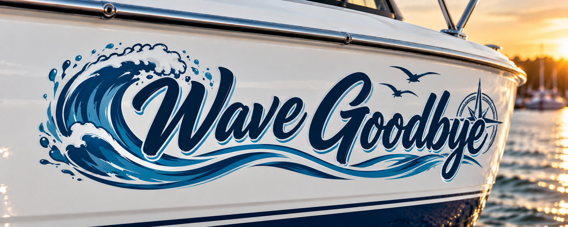 Wave Goodbye printed boat name sticker mockup
