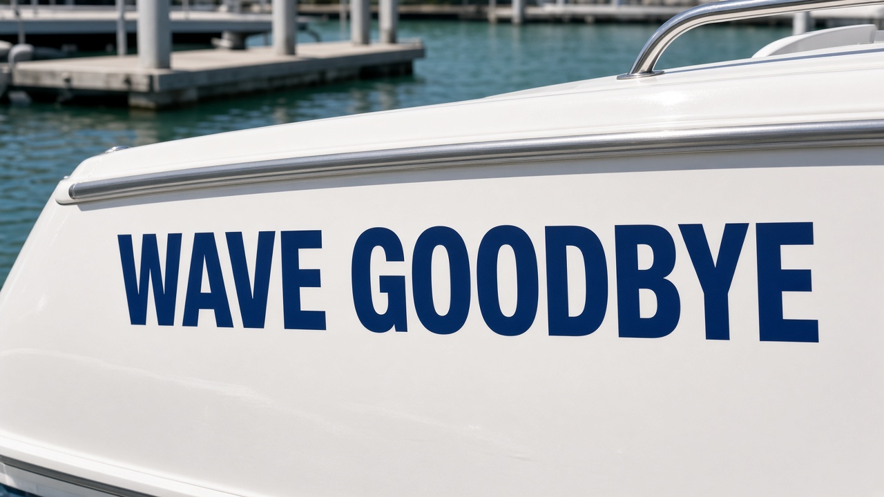Wave Goodbye vinyl-cut boat name sticker