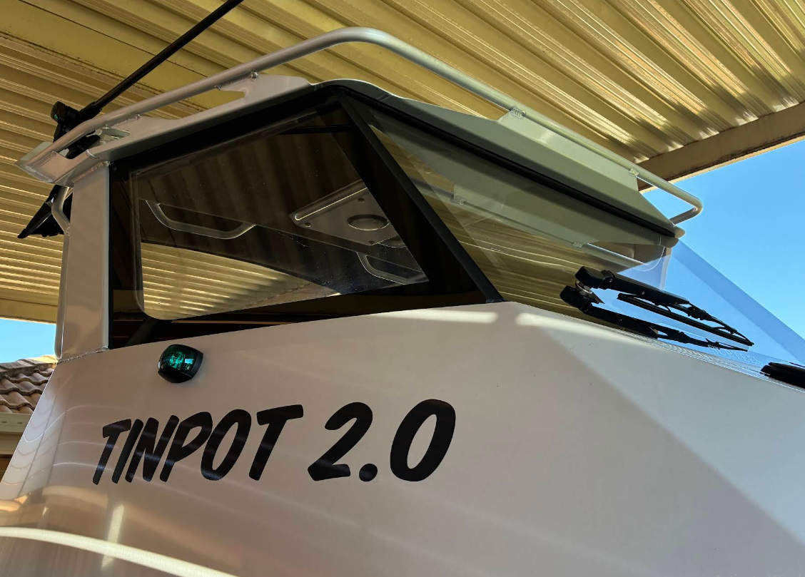 Tinpot 2.0 boat name stickers — custom boat stickers on vessel hull