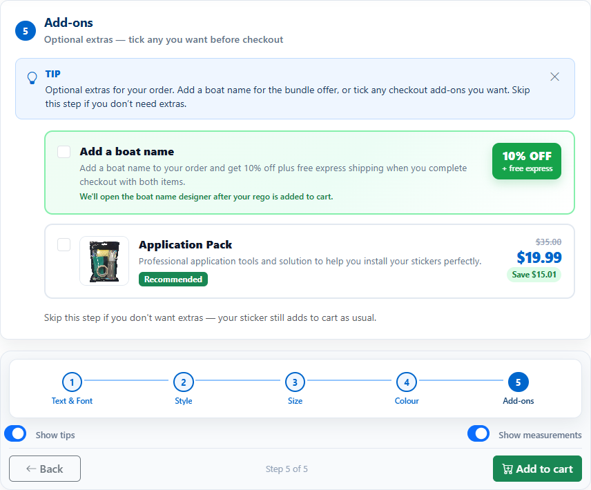 Add-ons step with an optional boat name bundle at 10 percent off plus free express, and an application pack shown at $19.99 reduced from $35.
