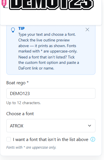 Phone view of the outline designer text step, with DEMO123 in the boat rego field and the font set to ATROX.