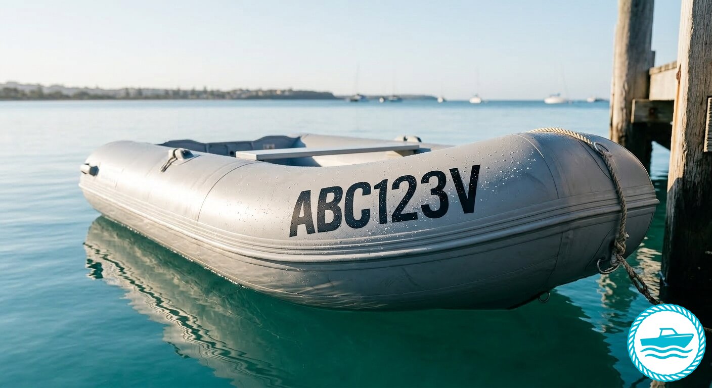 inflatable boat rego sticker on water